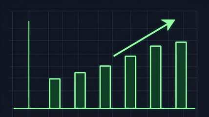 Fototapeta premium Green Neon Bar Graph with Rising Arrow on Dark Blue Background, Showcasing Business Growth