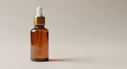 Amber glass dropper bottle with a gold cap sits on a neutral background, showcasing its elegant simplicity and minimalist design ideal for essential oils or serum.