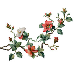 Red and White Blooming Vine with Green Leaves on a Decorative Branch