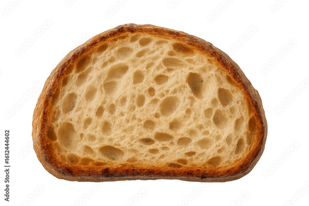 Poster close-up of a toasted slice of bread on a transparent background, highlighting its texture and golde