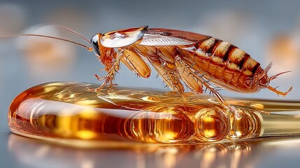 Gross cockroach crawling on golden liquid surface symbolizing pest control issues and infestation problems