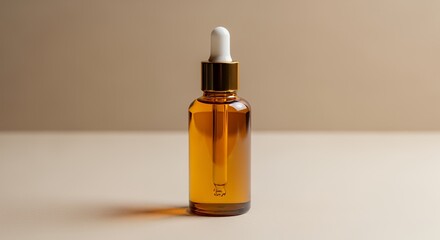 Amber glass bottle with dropper filled with golden serum or essential oil sits on a neutral background, showcasing its elegant and minimalist design perfect for beauty or wellness product photography.