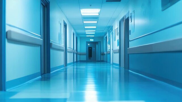 Brightly lit, empty hospital hallway with closed doors and clean floors
