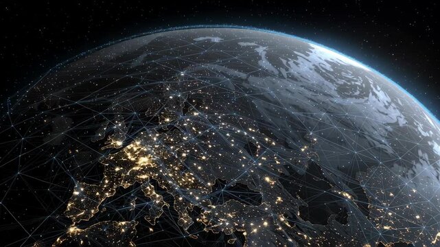 Global Fintech Network Visualized as Glowing Lines of Data Connecting World at Night