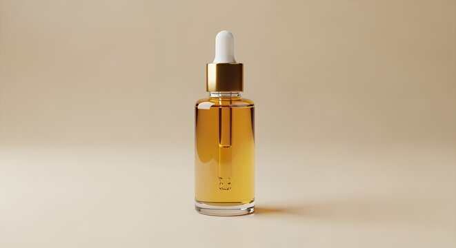 Amber glass bottle with a gold cap and a dropper filled with a golden liquid sits on a neutral background.
