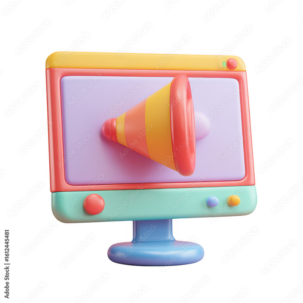 Poster 3 d computer monitor with megaphone isolated on a transparent background screen technology