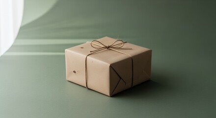 Fototapeta premium A simply wrapped gift box sits on a subtly textured , bathed in soft, diffused light, creating a serene and minimalist scene.