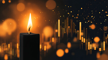 Black Candle Flame Illuminates Financial Data: A Symbol of Economic Forecasting and Insight