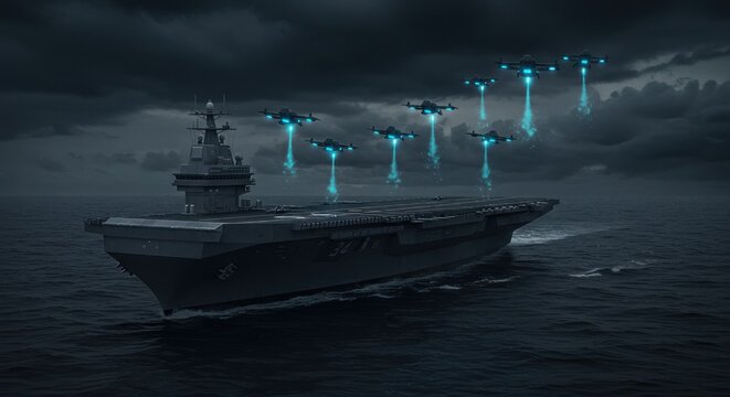 Aircraft carrier, night sky, drones