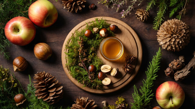 Autumn bounty: apples, honey, nuts and cones arranged on a wooden background in a rustic composition.