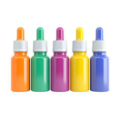 Five colorful glass dropper bottles with white caps arranged in a row isolated on transparent background