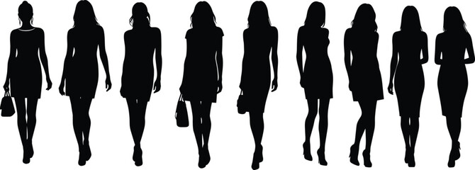 Cad drawing flat vector illustration of female silhouettes walking confidently in stylish outfits for fashion branding, elegance, and lifestyle concepts