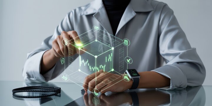 Person interacting with a glowing green 3 D cube with financial data and icons on a reflective - Powered by Adobe