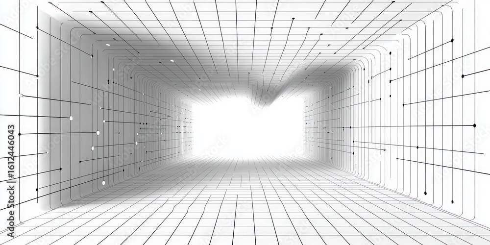 Poster futuristic white tunnel with grid lines and connecting nodes converging towards bright light, evokin