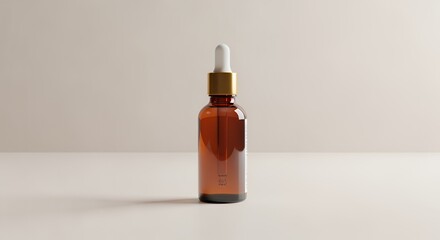 Amber glass dropper bottle with gold cap sits on a minimalist white against a neutral background.