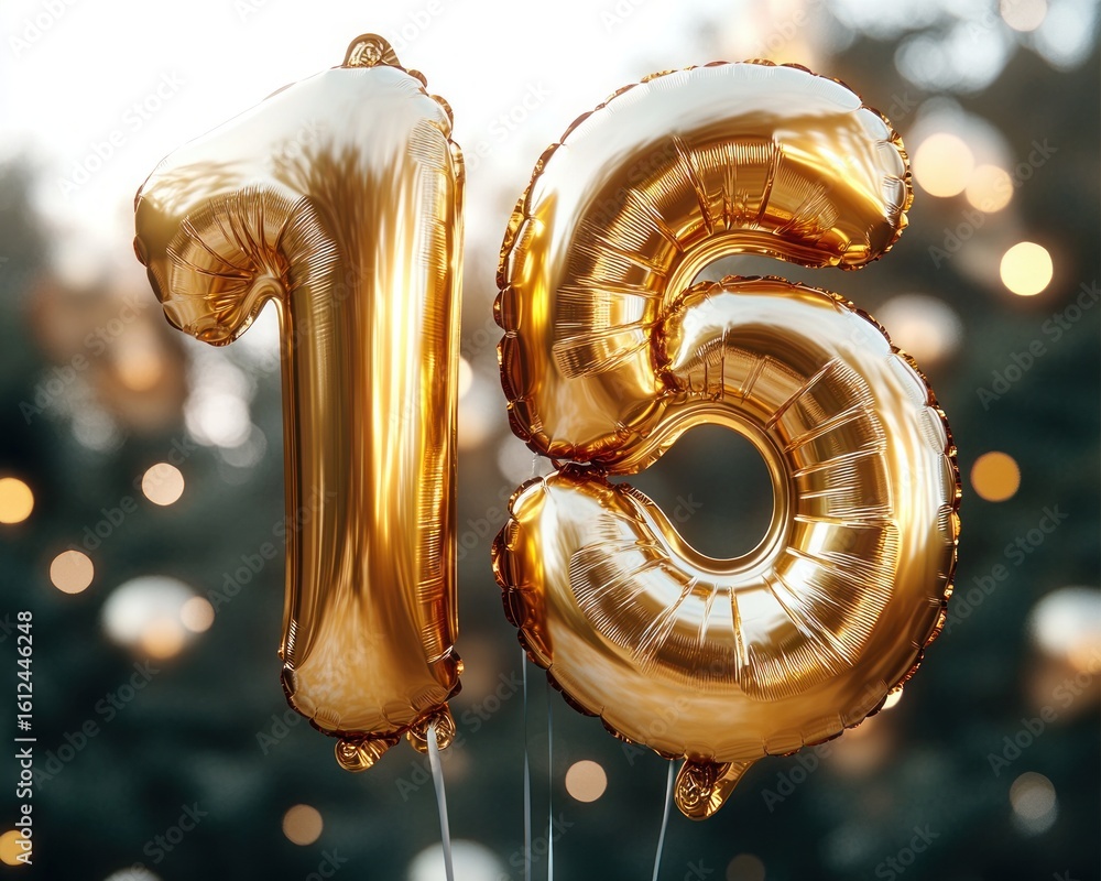 Aufkleber shiny gold balloons shaped as numbers one and five glowing warmly with blurred background lights and