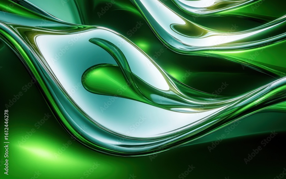 Poster smooth and flowing metallic liquid shapes in shiny green and teal tones creating an abstract futuris