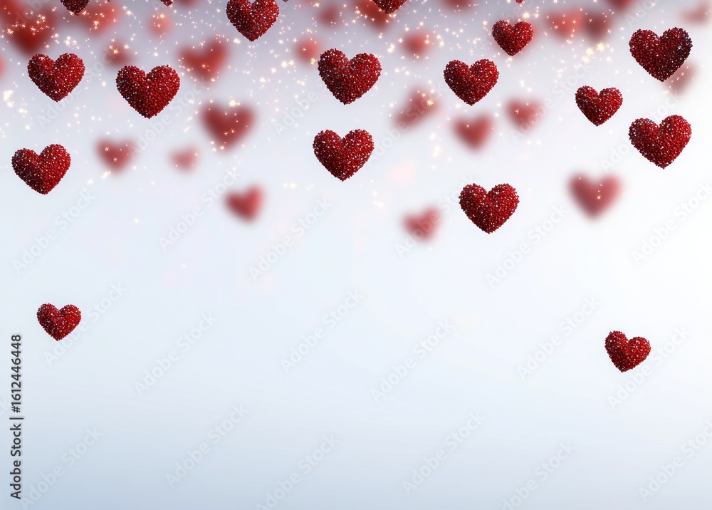 Poster multiple red sparkling hearts floating against a soft light background with glowing particles creati