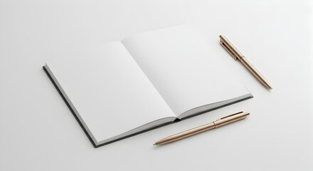 Open Notebook Mockup with Two Gold Pens on Clean White Background