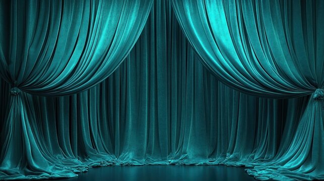 Elegant teal velvet stage curtains parted to reveal a softly lit empty performance space, evoking anticipation and sophistication