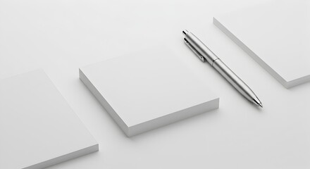 Blank Business Card and Square Paper Mockup with Silver Pen