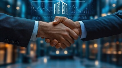 Close-up view of two business professionals shaking hands with futuristic digital building and stock market graph overlay in a modern office environment conveying partnership and agreement