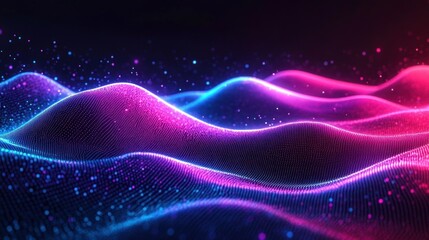 Glowing abstract waves with a smooth, flowing pattern in vibrant blue, purple, and pink hues creating a futuristic and dynamic digital landscape