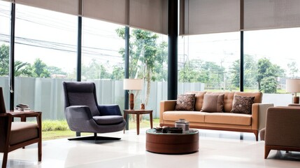 Fototapeta premium Minimalist living room with modern furniture and natural light, showcasing clean contemporary design. 