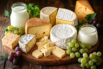 Assorted variety of cheeses displayed on a wooden board surrounded by green and red grapes with jars of milk on a rustic wooden table