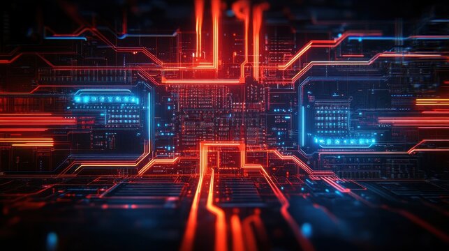 Futuristic glowing circuit board with bright red and blue neon lines creating a high-tech, dynamic, and intense digital network atmosphere - Powered by Adobe
