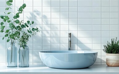 Modern white bathroom sink with silver faucet and decorative green plants in transparent and ceramic pots against white tiled wall