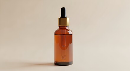 Amber glass bottle with a dropper filled with a golden brown liquid sits on a neutral background.