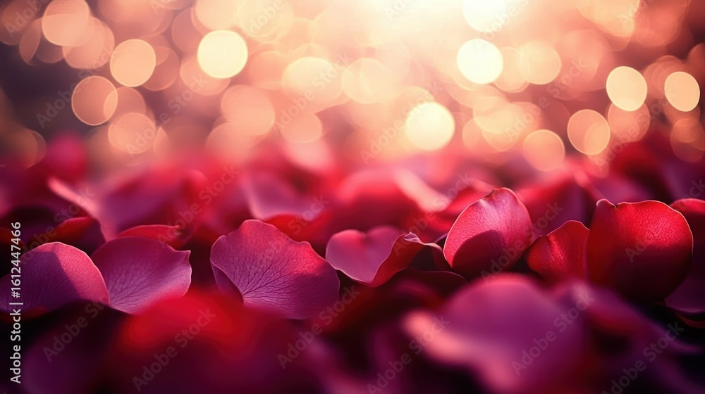 Aufkleber Close-up of red rose petals softly scattered with warm glowing bokeh lights in the background creating a romantic and dreamy atmosphere