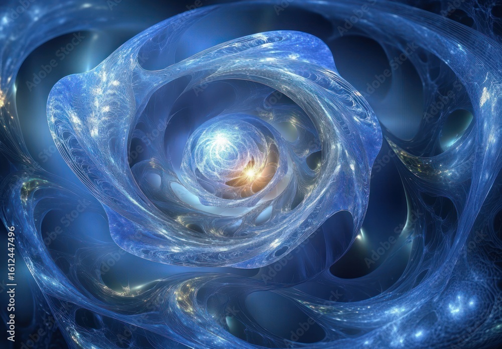 Poster abstract swirling blue and white fractal design resembling a glowing cosmic vortex with intricate tr