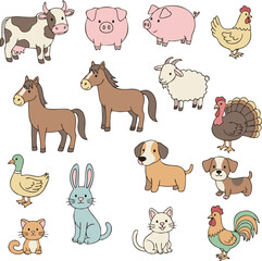 Fototapeta premium Cute cartoon farm animals arranged in a grid pattern.