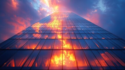 Modern skyscraper reflecting vibrant sunset