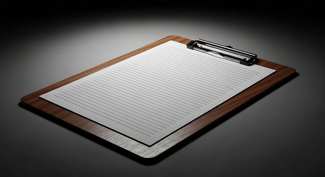 Wooden clipboard with lined paper under a spotlight on a dark surface
