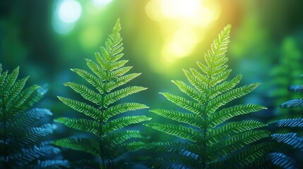 Lush fern fronds bathed in golden sunlight