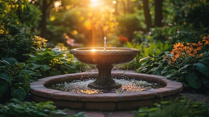 Serene garden fountain at sunset