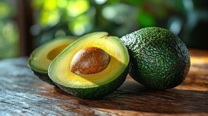 Freshly cut avocados on a wooden table