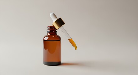Amber glass bottle with a dropper filled with a golden liquid against a neutral background.