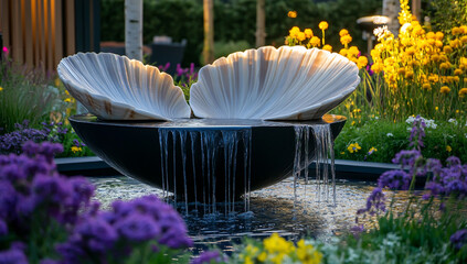 Minimalist modern garden with black and white bowl fountain, two sea shell shaped water fountains, surrounded by vibrant purple and yellow flowers.