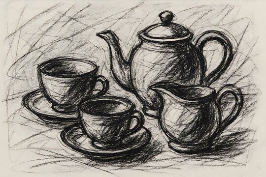 Charcoal Sketch Still Life Teapot Cups Saucers Creamer Art Drawing Monochrome Study