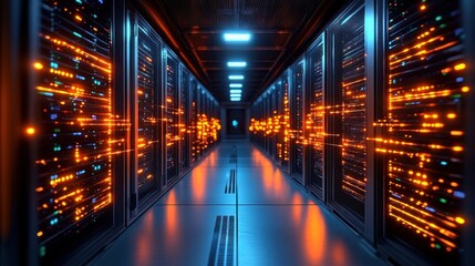 Fototapeta premium Long corridor of high-tech server racks illuminated by glowing orange and blue lights in a futuristic data center