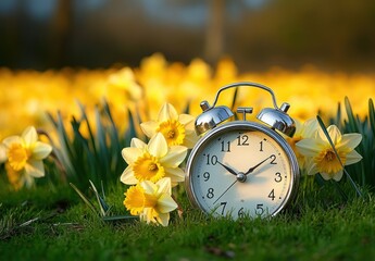 Silver analog alarm clock placed among bright yellow daffodil flowers on green grass with a blurred background of more daffodils in soft natural light