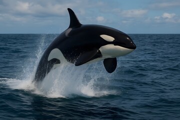 Naklejka premium Orca Breaching Ocean Surface Splashing Water Marine Mammal Killer Whale Aquatic Wildlife Nature