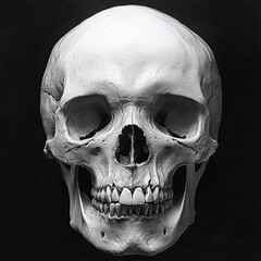 Obraz premium Close-up image of a human skull showing detailed bone structure and teeth against a dark background, evoking a sense of mortality and anatomy study