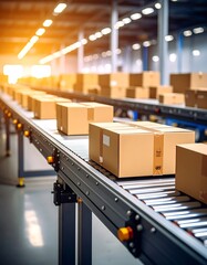 Automated conveyor belt carrying boxes in a large warehouse