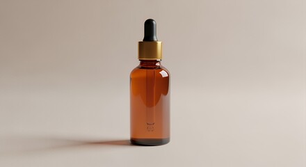 Amber glass dropper bottle filled with a clear liquid sits on a neutral beige background, showcasing its elegant design and minimalist aesthetic.