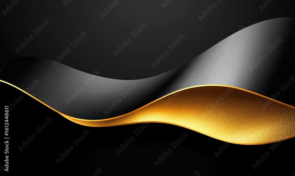 Poster abstract elegant flowing wave design in shimmering gold and smooth black gradient on dark background